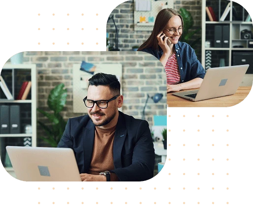 Dos personas sonrientes trabajando con computadores; un hombre con lentes usando un computador en un escritorio, y una mujer hablando por teléfono mientras usa su computador en su casa.